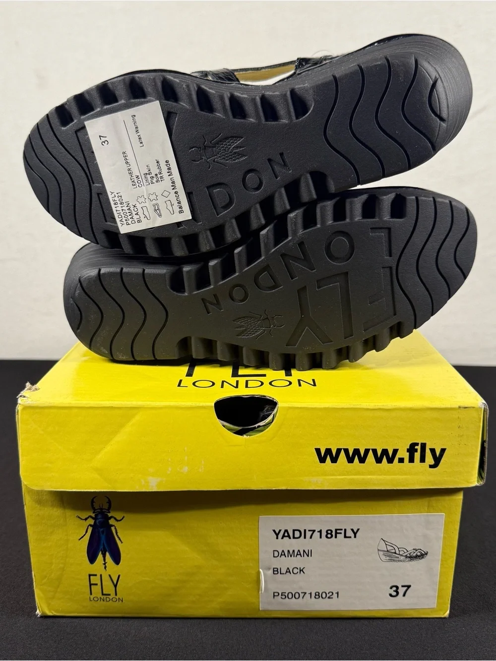 FLY London Black Patent Leather Cut Out Wedge Sandal- Yadi NIB Size 37 MSRP $175
